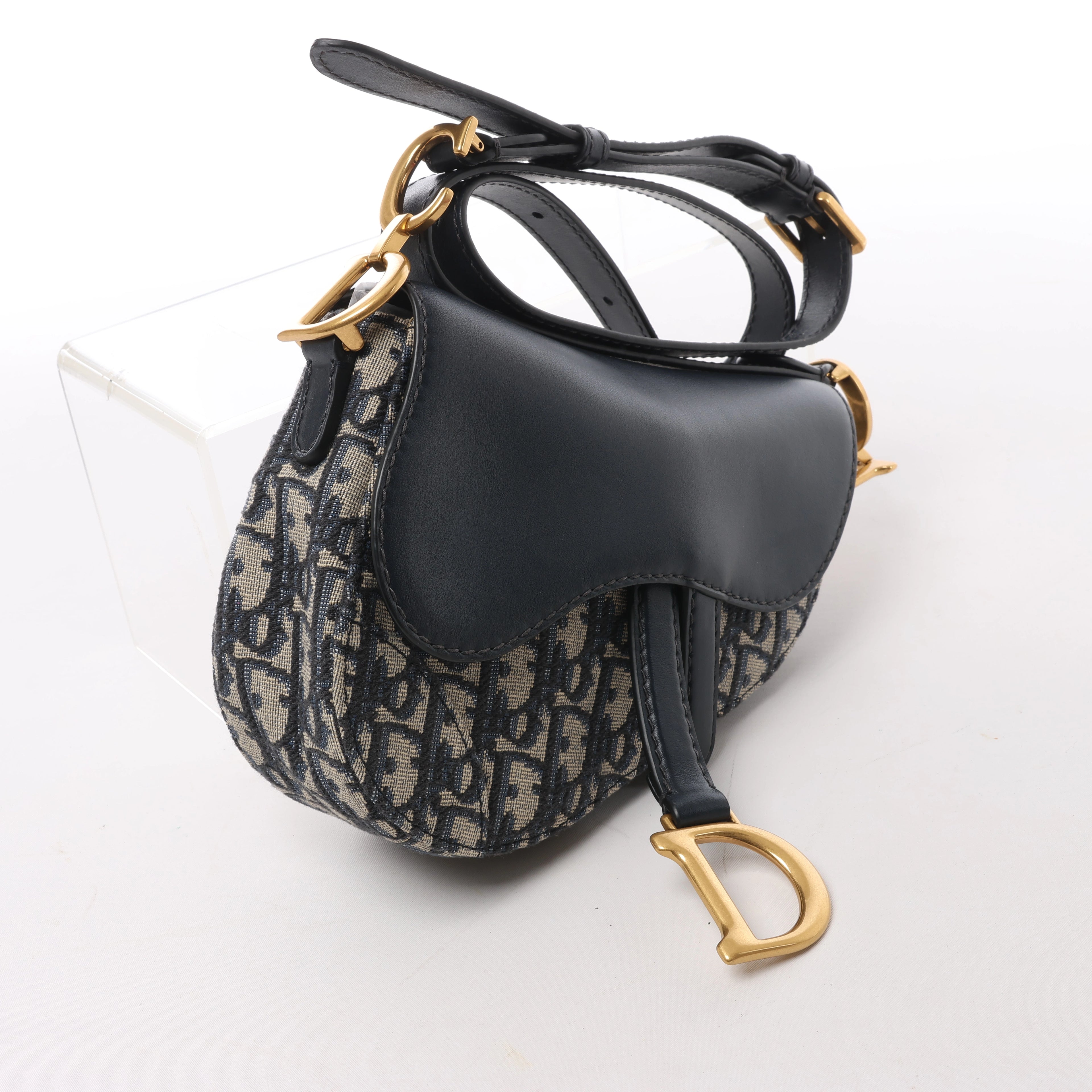Christian Dior Saddle Mini Oblique x Leather Crossvody Bag in Navy Blue