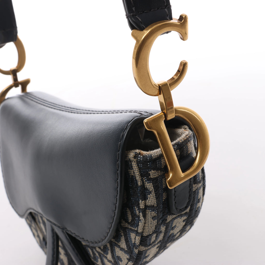 Christian Dior Saddle Mini Oblique x Leather Crossvody Bag in Navy Blue