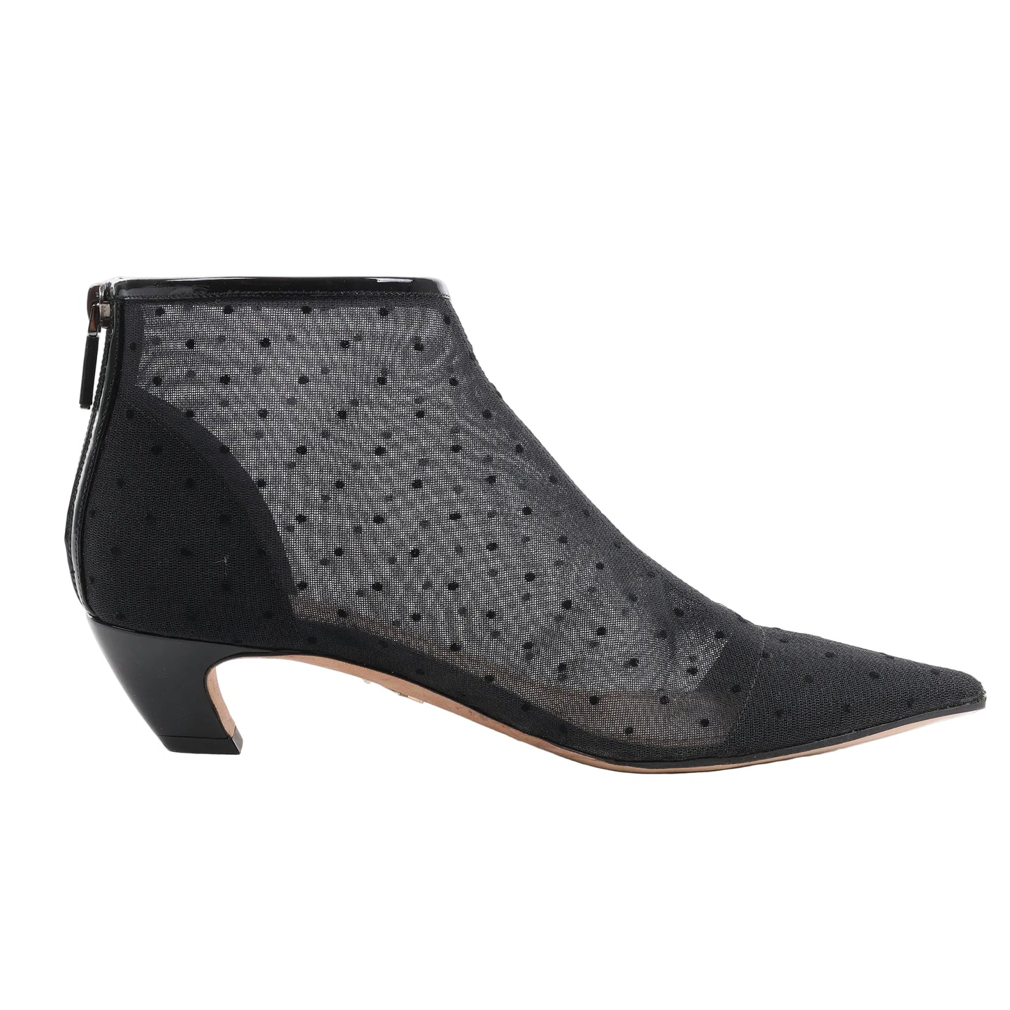 Dior Pretty black ankle boots in mesh with polka-dot texture, pointed toe, low curved heel, and back zipper closure, shown in a side profile against a white background.