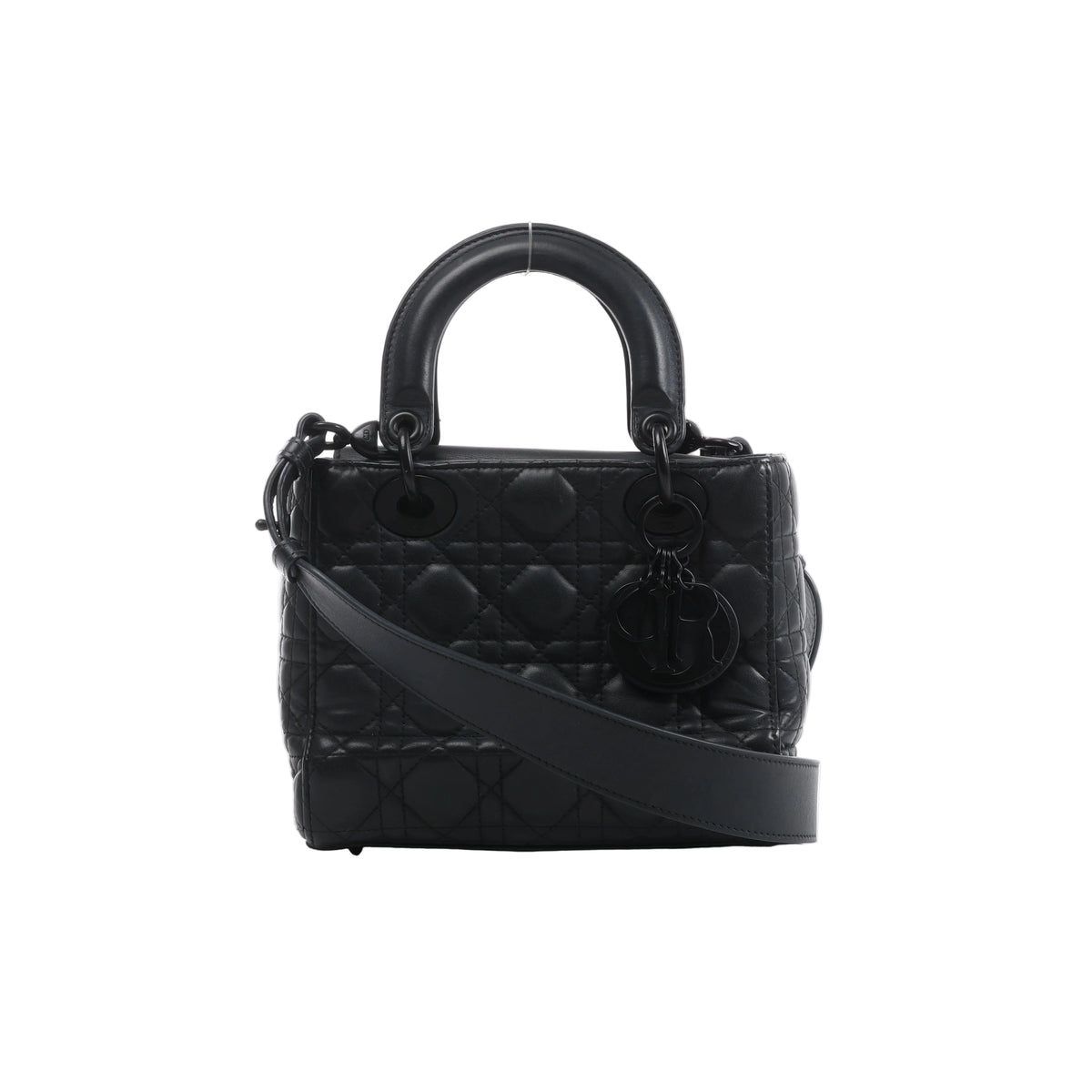 Front view of Christian Dior My Lady Dior black leather handbag with Cannage quilting, rounded handles, black DIOR charms and a broad shoulder strap.