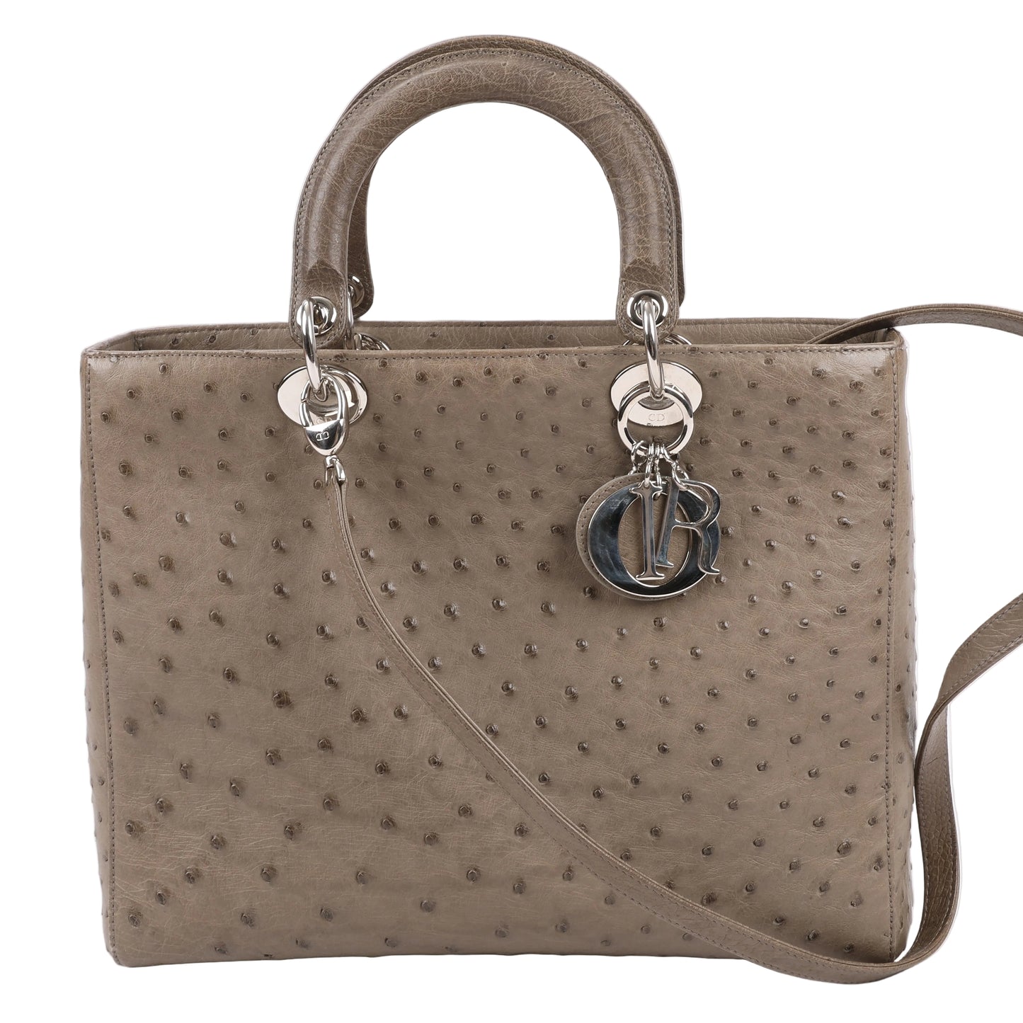 Dior Lady Dior Large 2-Way handbag in textured brown ostrich leather with silver-tone 'D.I.O.R.' charms, structured top handles, and detachable shoulder strap.
