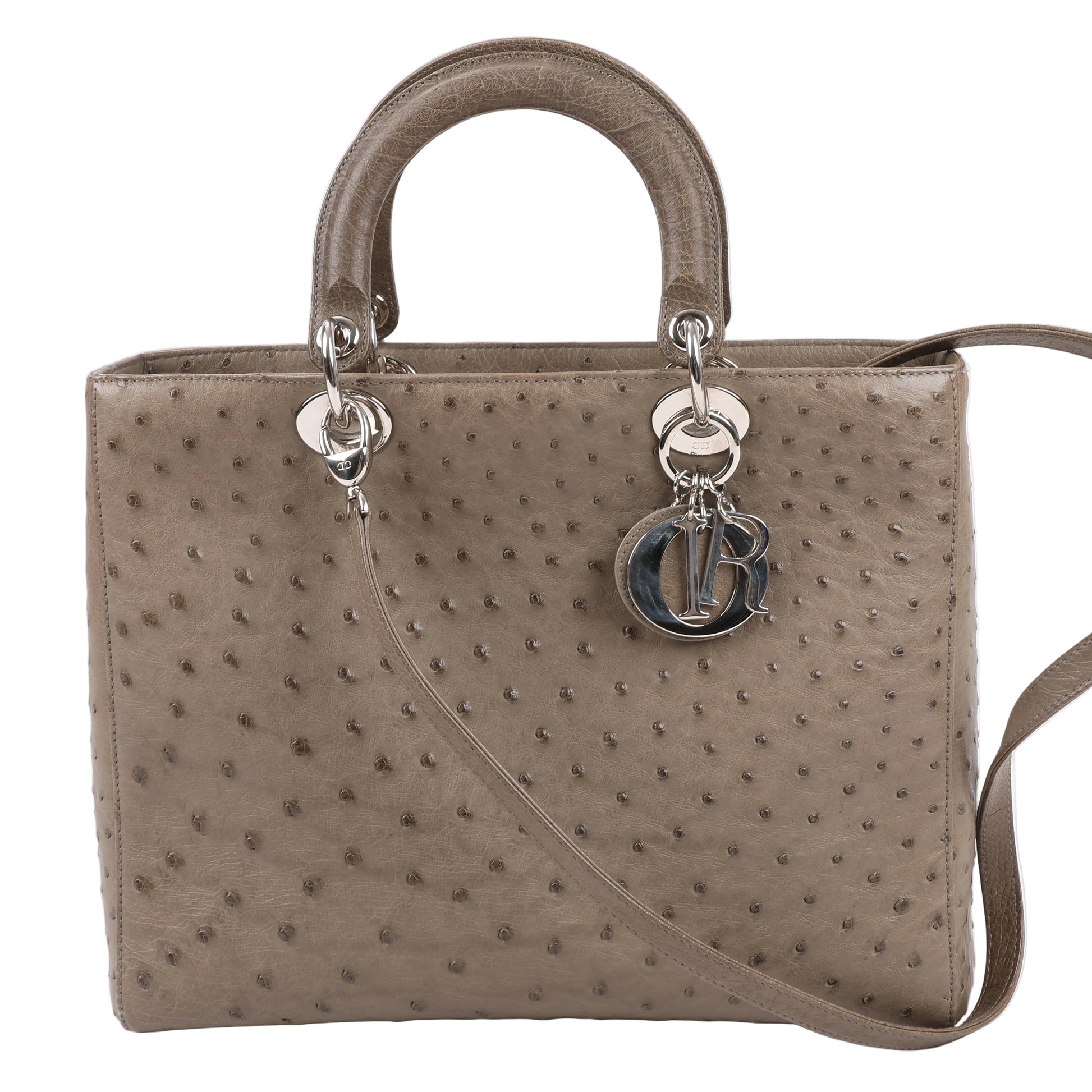 Dior Lady Dior Large 2-Way handbag in textured brown ostrich leather with silver-tone 'D.I.O.R.' charms, structured top handles, and detachable shoulder strap.
