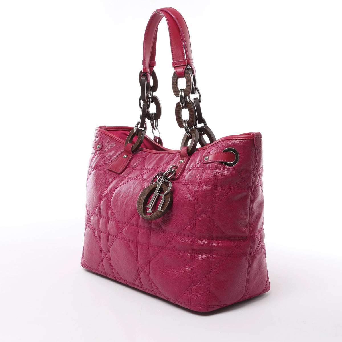 Christian Dior Panarea Cannage Coated Canvas x Leather Wood-Link Shoulder Bag in Purple