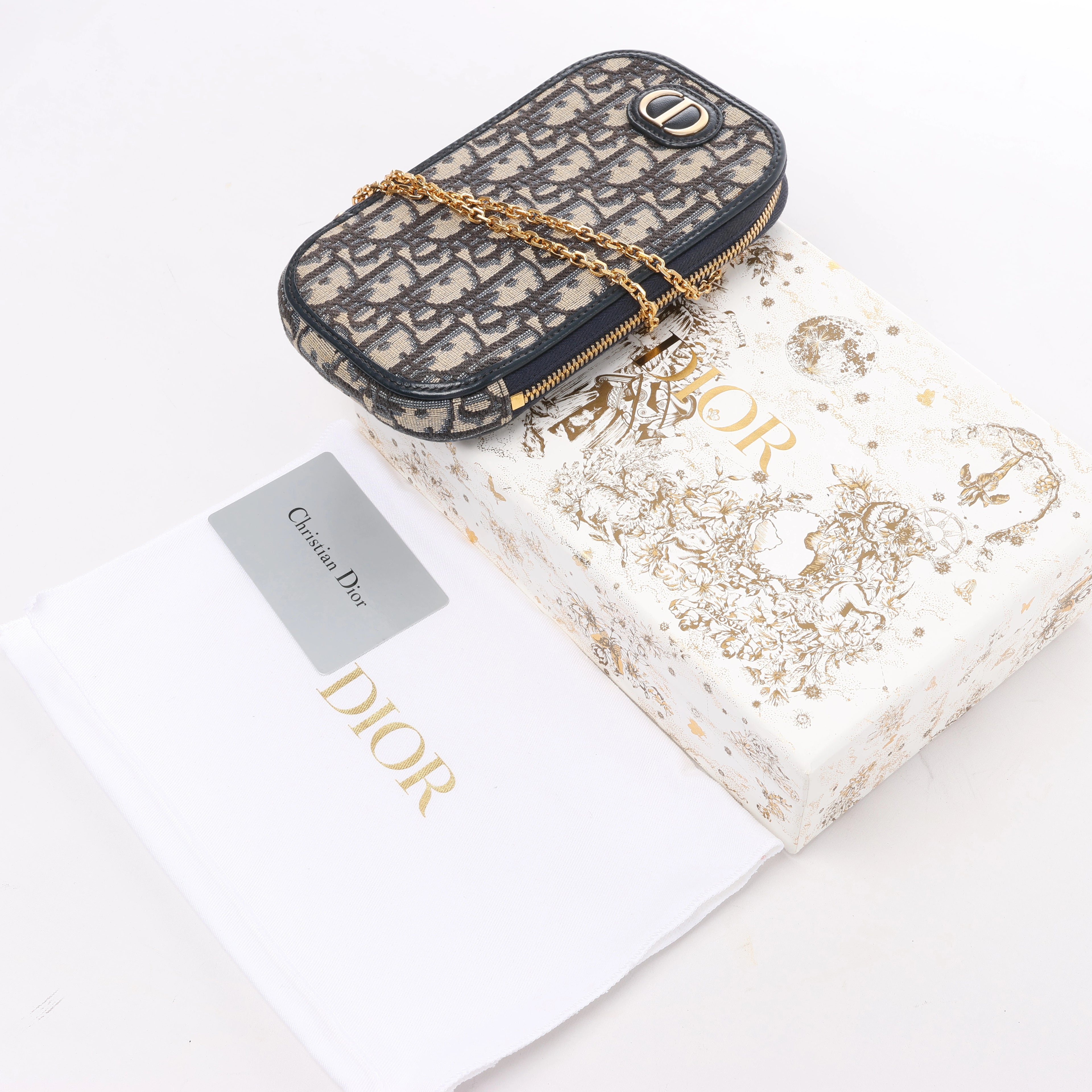 Christian Dior 30 Montaigne Call'in Dior Phone Holder Oblique Canvas & Leather Chain Shoulder Bag in Navy Blue