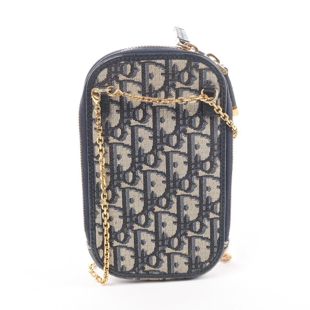 Christian Dior 30 Montaigne Call'in Dior Phone Holder Oblique Canvas & Leather Chain Shoulder Bag in Navy Blue