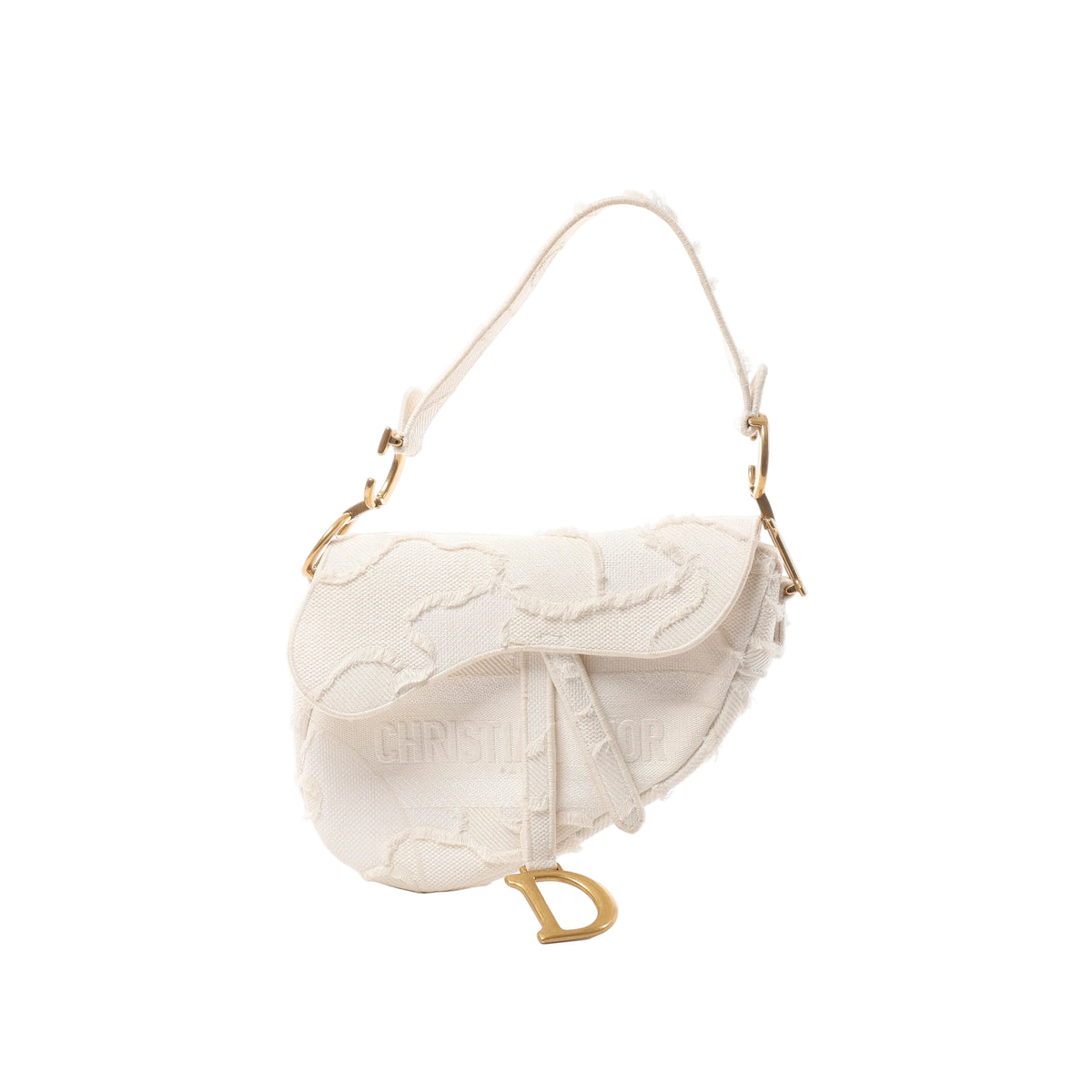 White Christian Dior Saddle canvas shoulder bag with frayed-edge detailing, tonal Christian Dior lettering, white strap and gold-tone D charm.