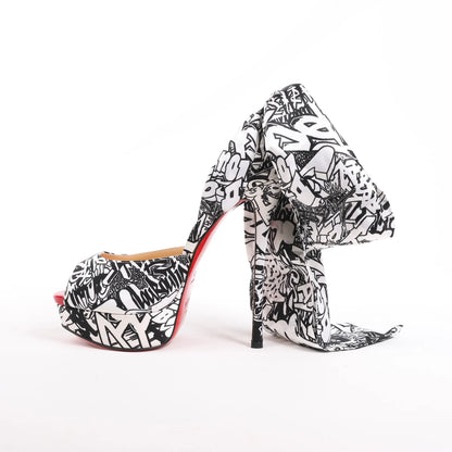 Christian Louboutin ERSEY VAMP 150 Satin Heels in White Jwall Graphic, Size 36 EU