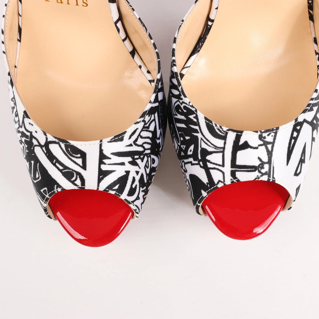 Christian Louboutin ERSEY VAMP 150 Satin Heels in White Jwall Graphic, Size 36 EU