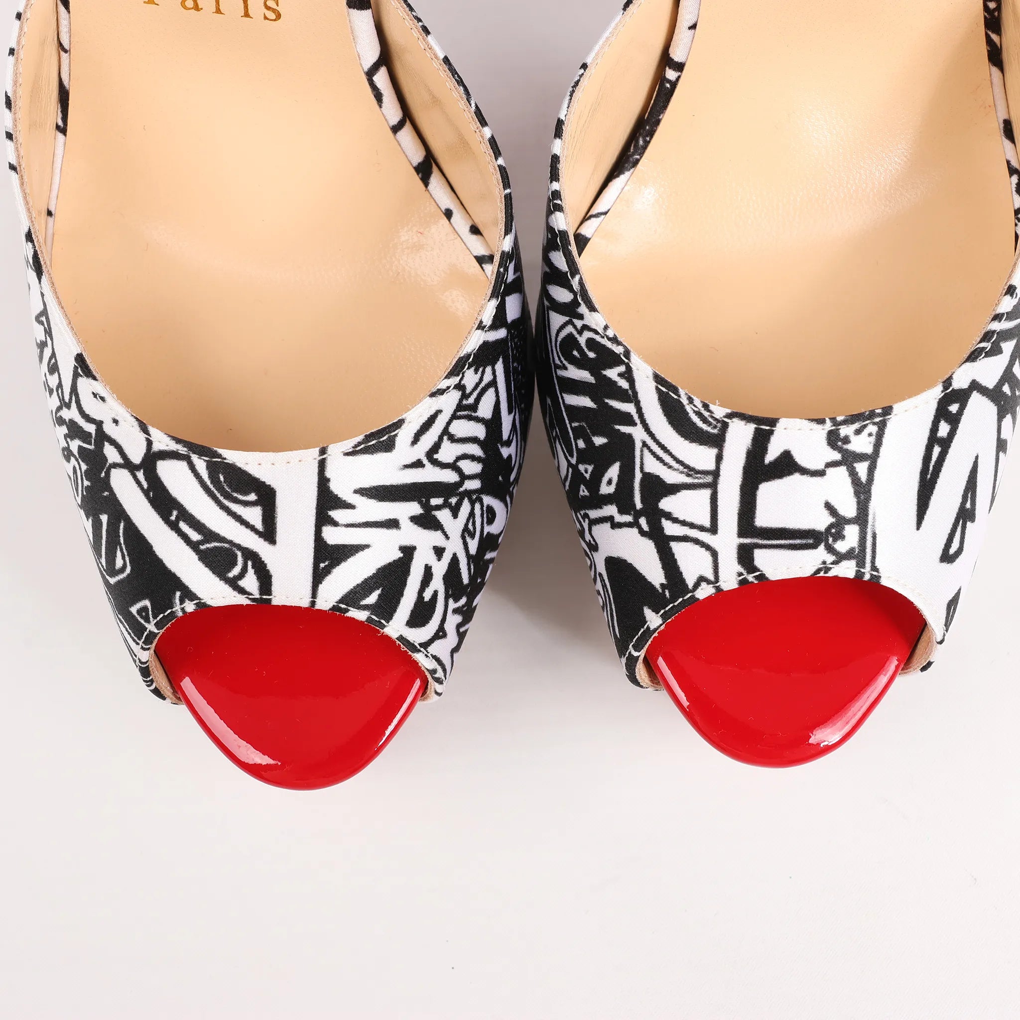 Christian Louboutin ERSEY VAMP 150 Satin Heels in White Jwall Graphic, Size 36 EU
