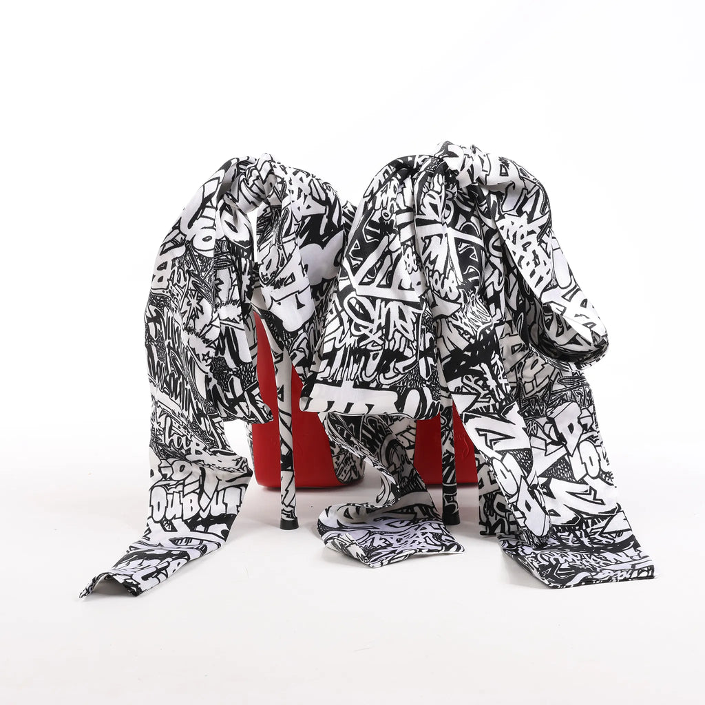 Christian Louboutin ERSEY VAMP 150 Satin Heels in White Jwall Graphic, Size 36 EU