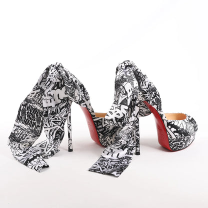 Christian Louboutin ERSEY VAMP 150 Satin Heels in White Jwall Graphic, Size 36 EU