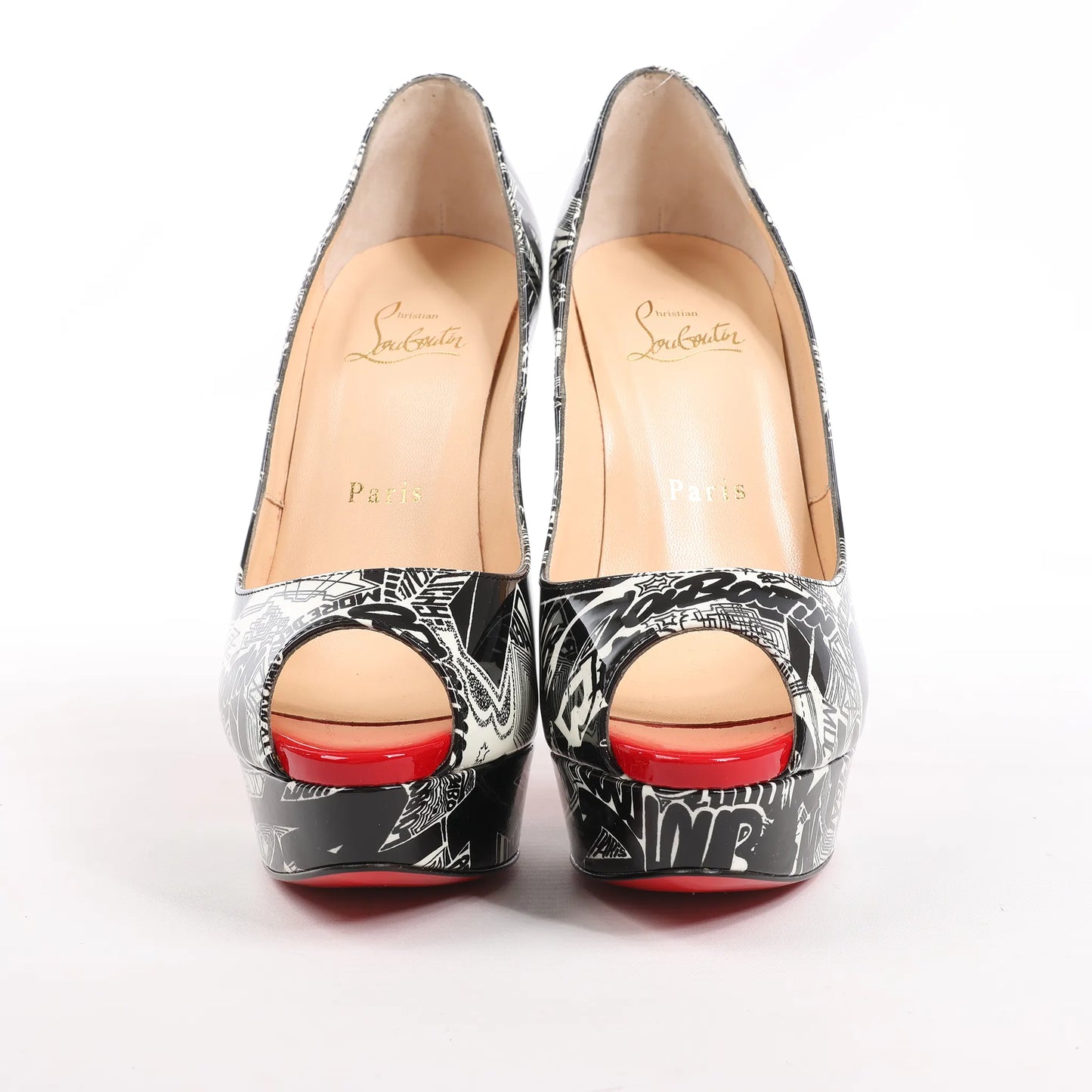 Christian Louboutin FETISH PEEP 150 Lackleder-Pumps mit offener Spitze in Schwarz Nicographic, Größe 37 EU