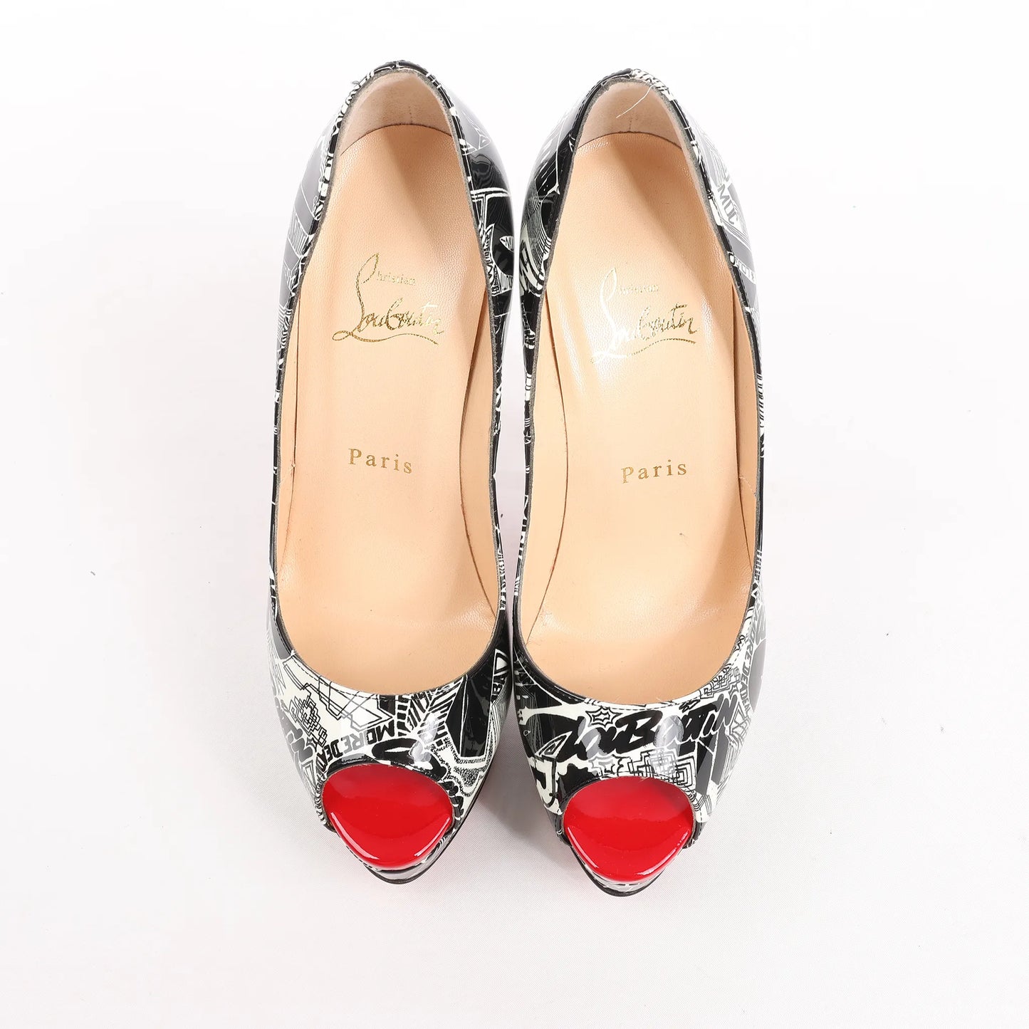 Christian Louboutin FETISH PEEP 150 Lackleder-Pumps mit offener Spitze in Schwarz Nicographic, Größe 37 EU