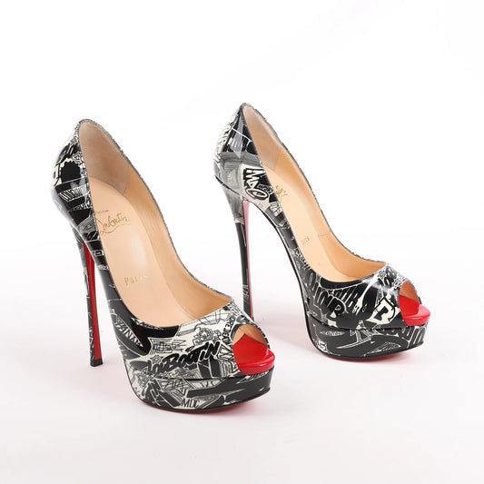 Christian Louboutin FETISH PEEP 150 Lackleder-Pumps mit offener Spitze in Schwarz Nicographic, Größe 37 EU