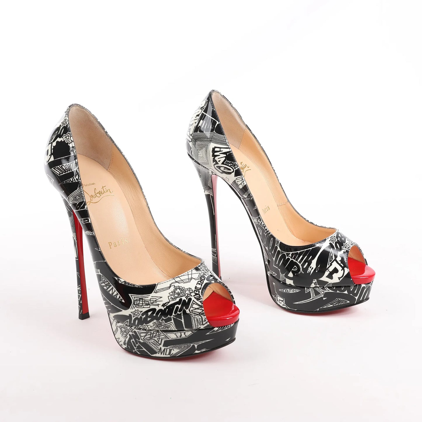 Christian Louboutin FETISH PEEP 150 Lackleder-Pumps mit offener Spitze in Schwarz Nicographic, Größe 37 EU