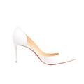 White high-heeled shoe with a red sole on a white background