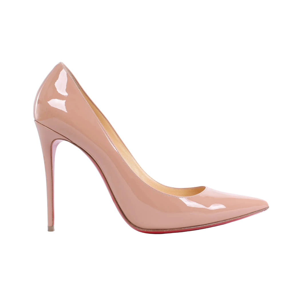 Christian Louboutin Kate 120 beige patent leather pointed-toe pump with slim stiletto heel and visible red sole.