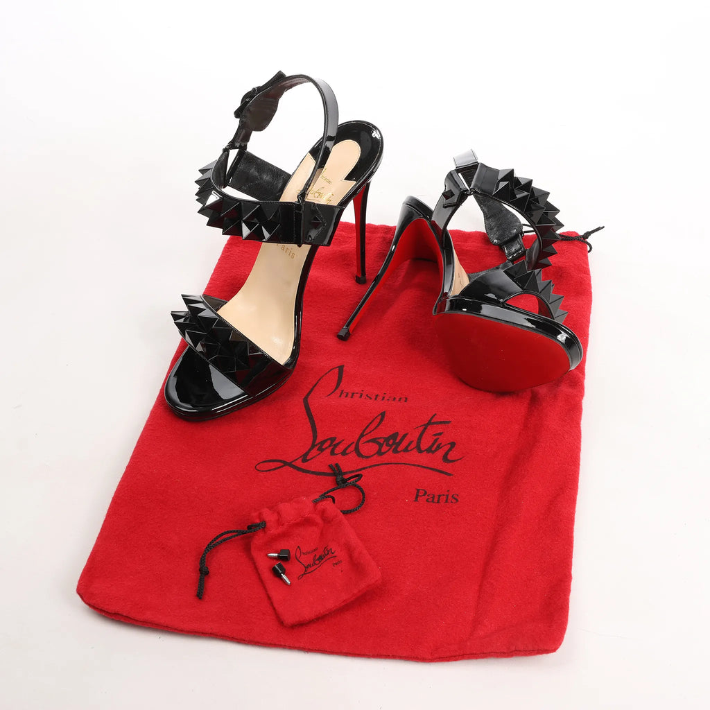 Christian Louboutin Miziggoo Spiked Patent Leather 120 Heels in Black, Size 40.5 EU
