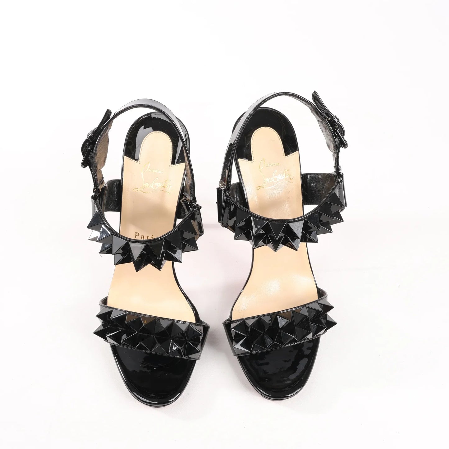 Christian Louboutin Miziggoo Spiked Patent Leather 120 Heels in Black, Size 40.5 EU