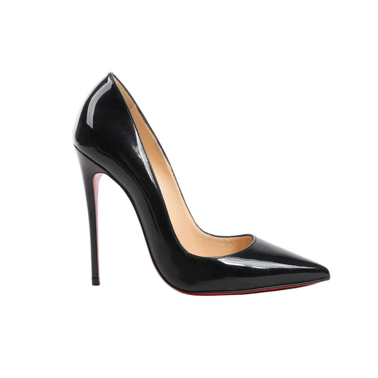 Christian Louboutin So Kate 120 black patent leather pumps in size 37 EU, showcasing a pointed toe, ultra-high stiletto heel, and the signature red lacquered sole for a bold, sophisticated look.