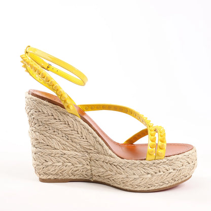 Christian Louboutin MAFALDINA ZEPPA Patent Leather Spike Studs Wedge Sole Espadrilles Sandals in Yellow, Size 39 EU