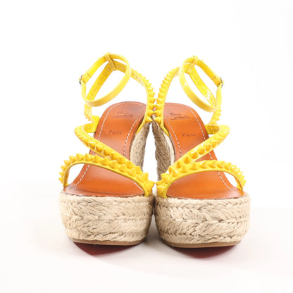 Christian Louboutin MAFALDINA ZEPPA Patent Leather Spike Studs Wedge Sole Espadrilles Sandals in Yellow, Size 39 EU