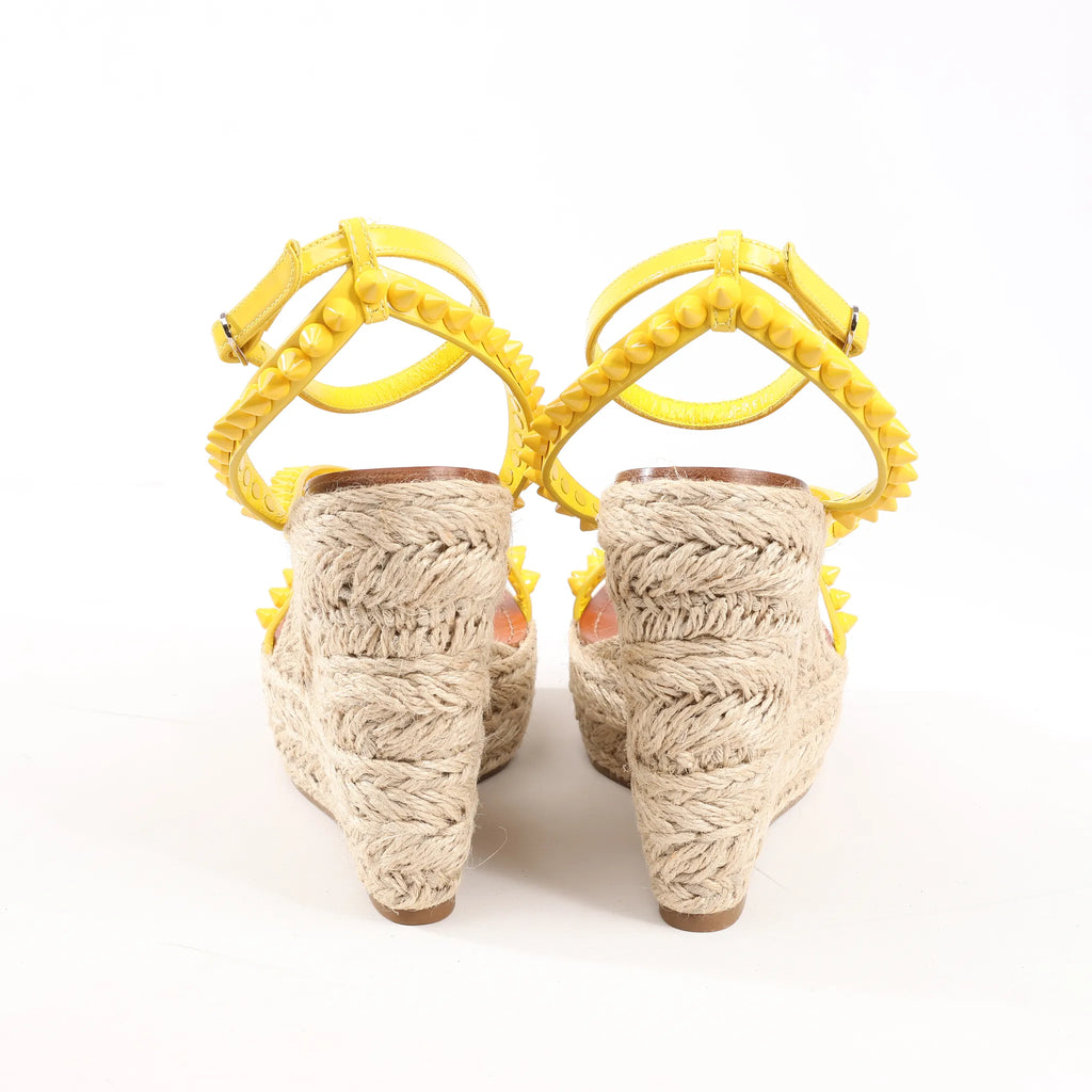Christian Louboutin MAFALDINA ZEPPA Patent Leather Spike Studs Wedge Sole Espadrilles Sandals in Yellow, Size 39 EU