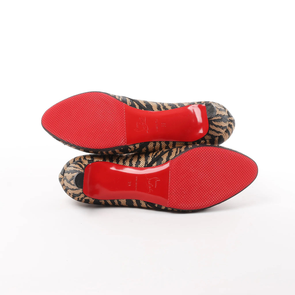 Christian Louboutin Tiger Print Raffia Bow Heels in Brown x Black, Size 39 EU