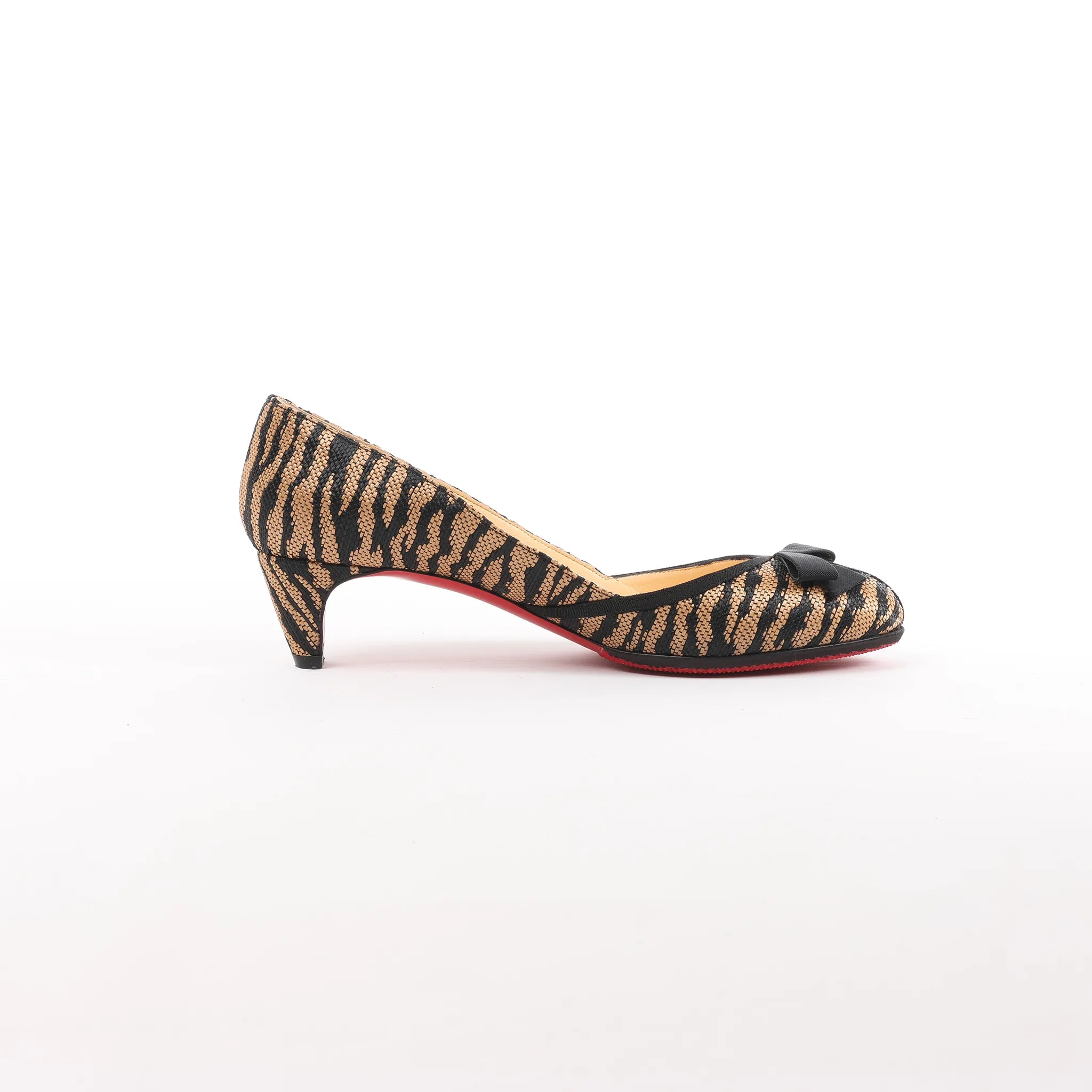 Christian Louboutin Tiger Print Raffia Bow Heels in Brown x Black, Size 39 EU