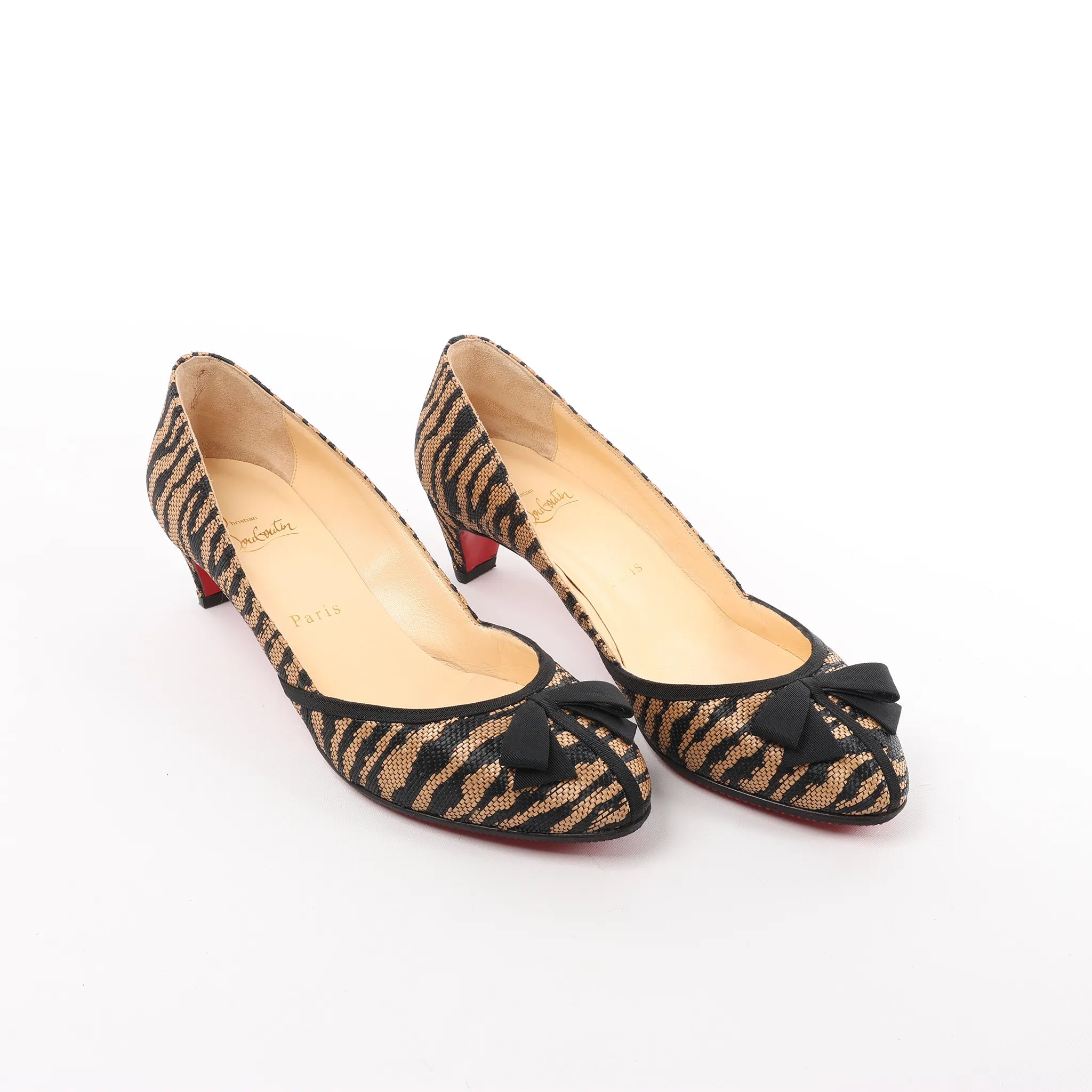 Christian Louboutin Tiger Print Raffia Bow Heels in Brown x Black, Size 39 EU