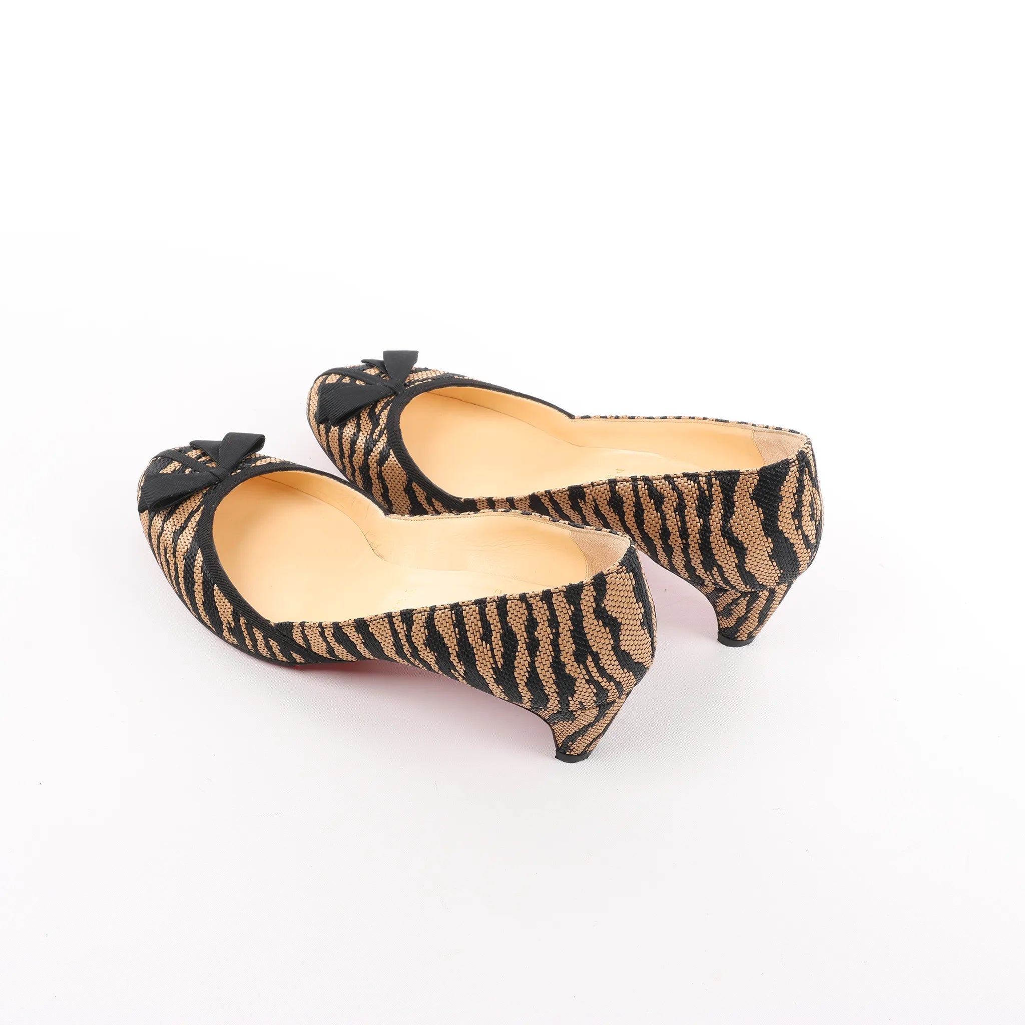 Christian Louboutin Tiger Print Raffia Bow Heels in Brown x Black, Size 39 EU