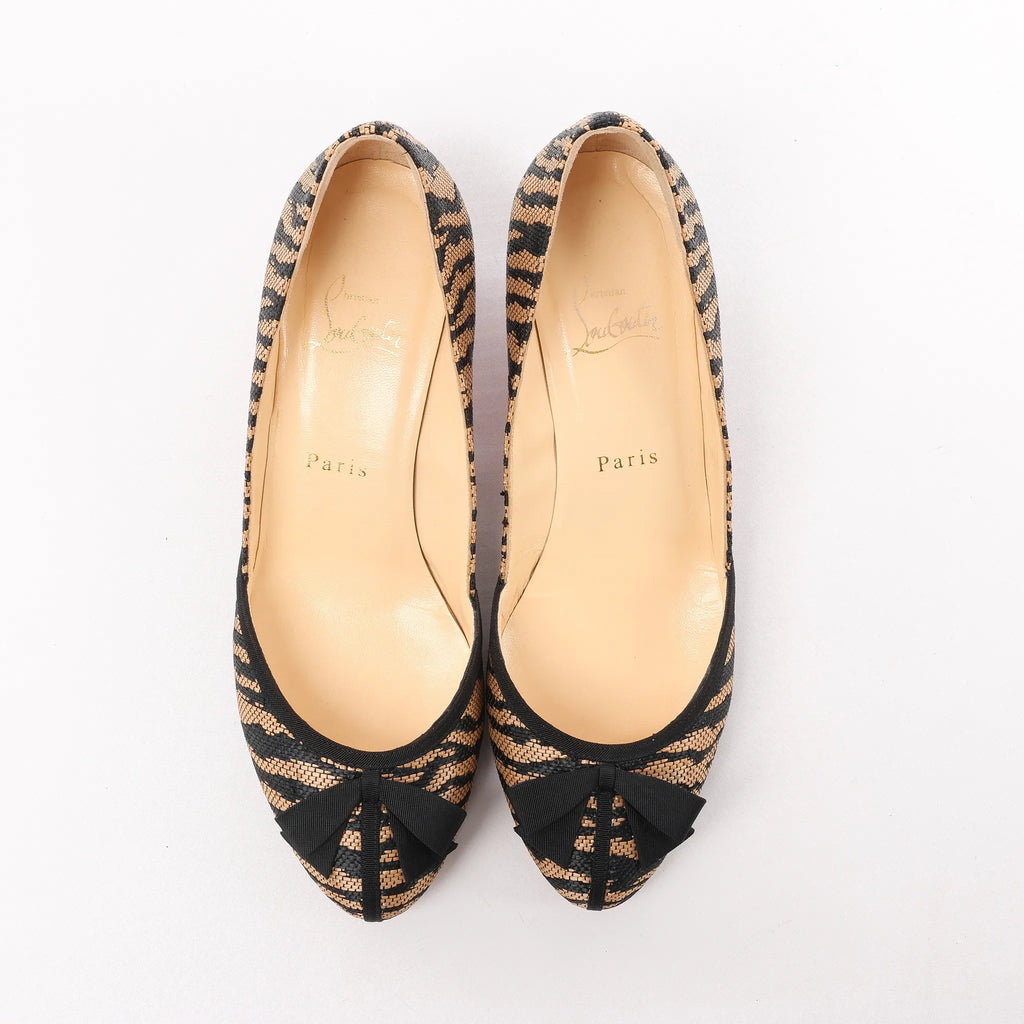 Christian Louboutin Tiger Print Raffia Bow Heels in Brown x Black, Size 39 EU