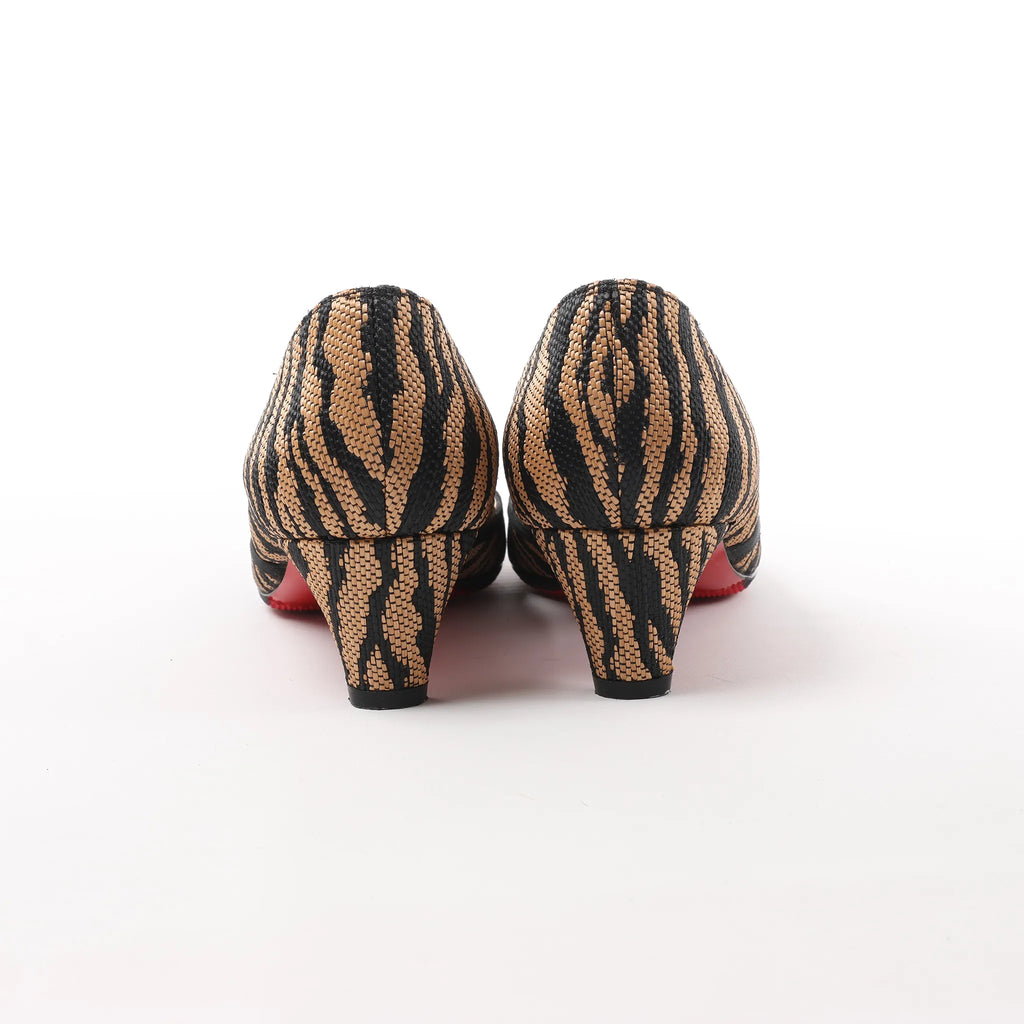 Christian Louboutin Tiger Print Raffia Bow Heels in Brown x Black, Size 39 EU