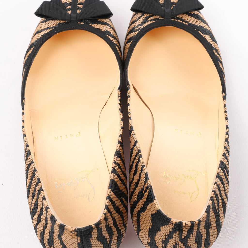 Christian Louboutin Tiger Print Raffia Bow Heels in Brown x Black, Size 39 EU