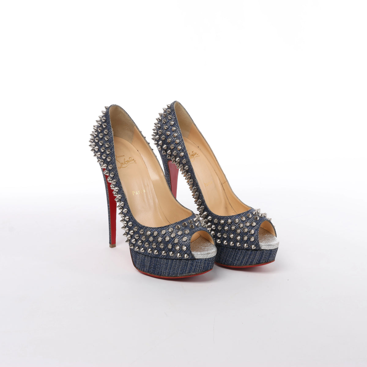 Christian Louboutin Spike Studs Denim Open-Toe Pumps in Navy x Silver, Size EU 40