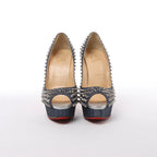 Christian Louboutin Spike Studs Denim Open-Toe Pumps in Navy x Silver, Size EU 40