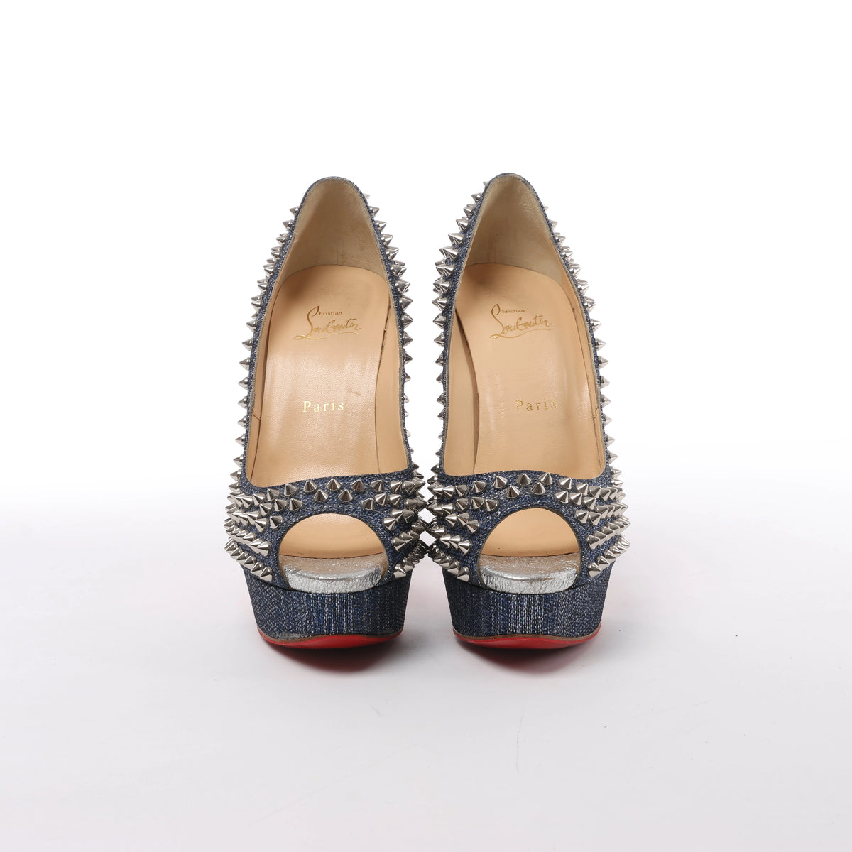 Christian Louboutin Spike Studs Denim Open-Toe Pumps in Navy x Silver, Size EU 40