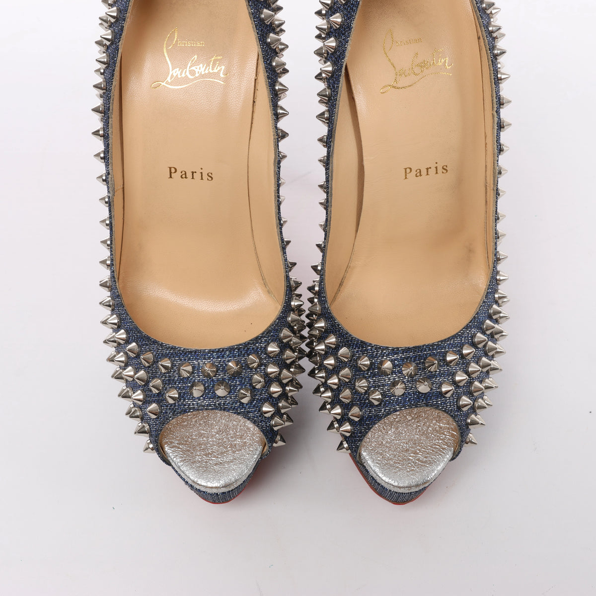 Christian Louboutin Spike Studs Denim Open-Toe Pumps in Navy x Silver, Size EU 40