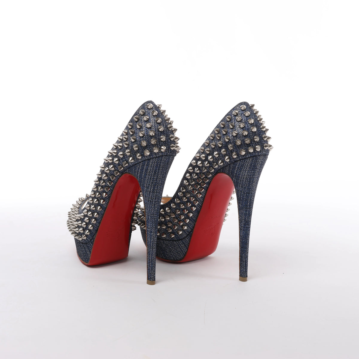 Christian Louboutin Spike Studs Denim Open-Toe Pumps in Navy x Silver, Size EU 40