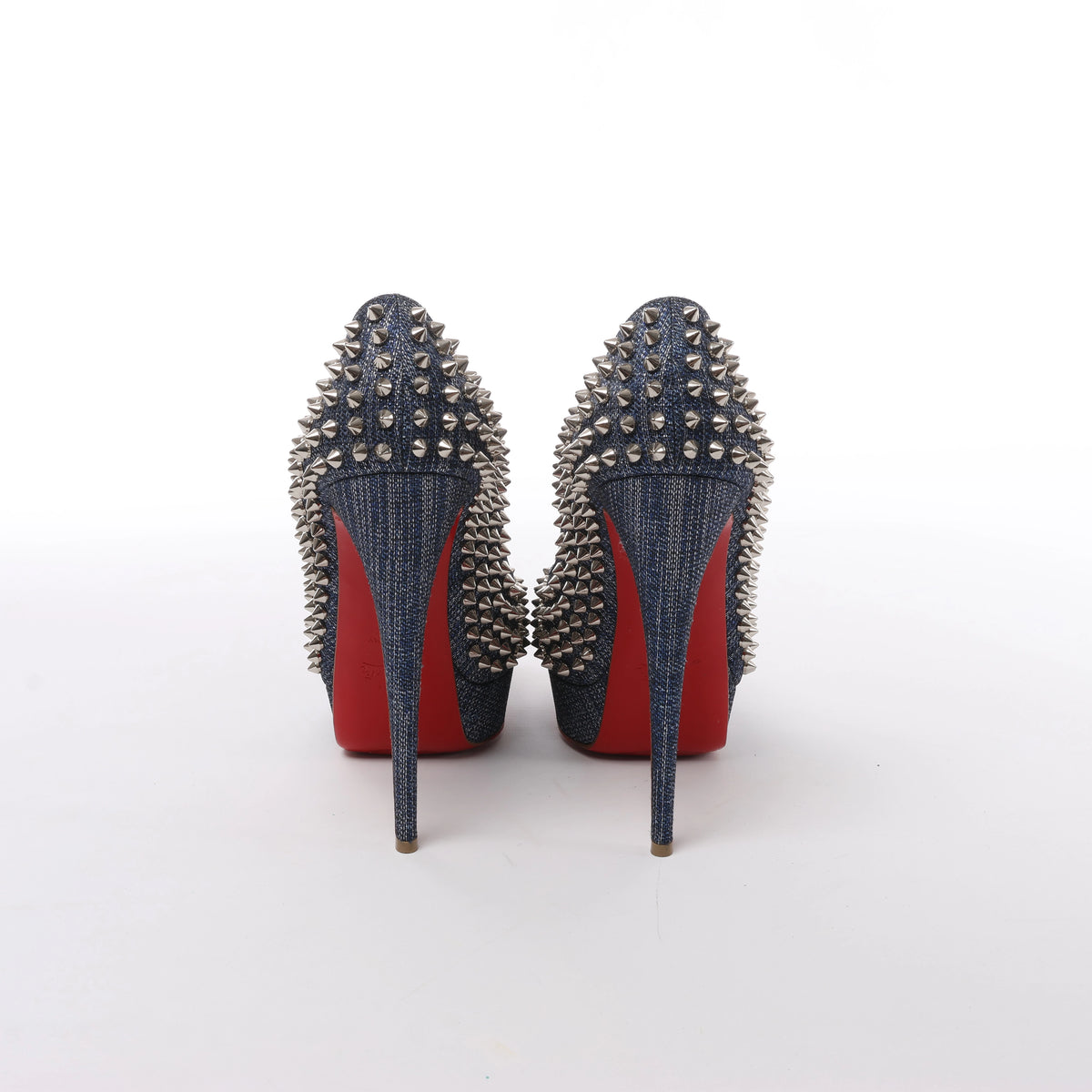 Christian Louboutin Spike Studs Denim Open-Toe Pumps in Navy x Silver, Size EU 40