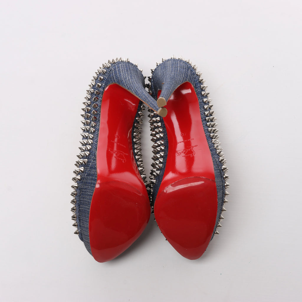 Christian Louboutin Spike Studs Denim Open-Toe Pumps in Navy x Silver, Size EU 40