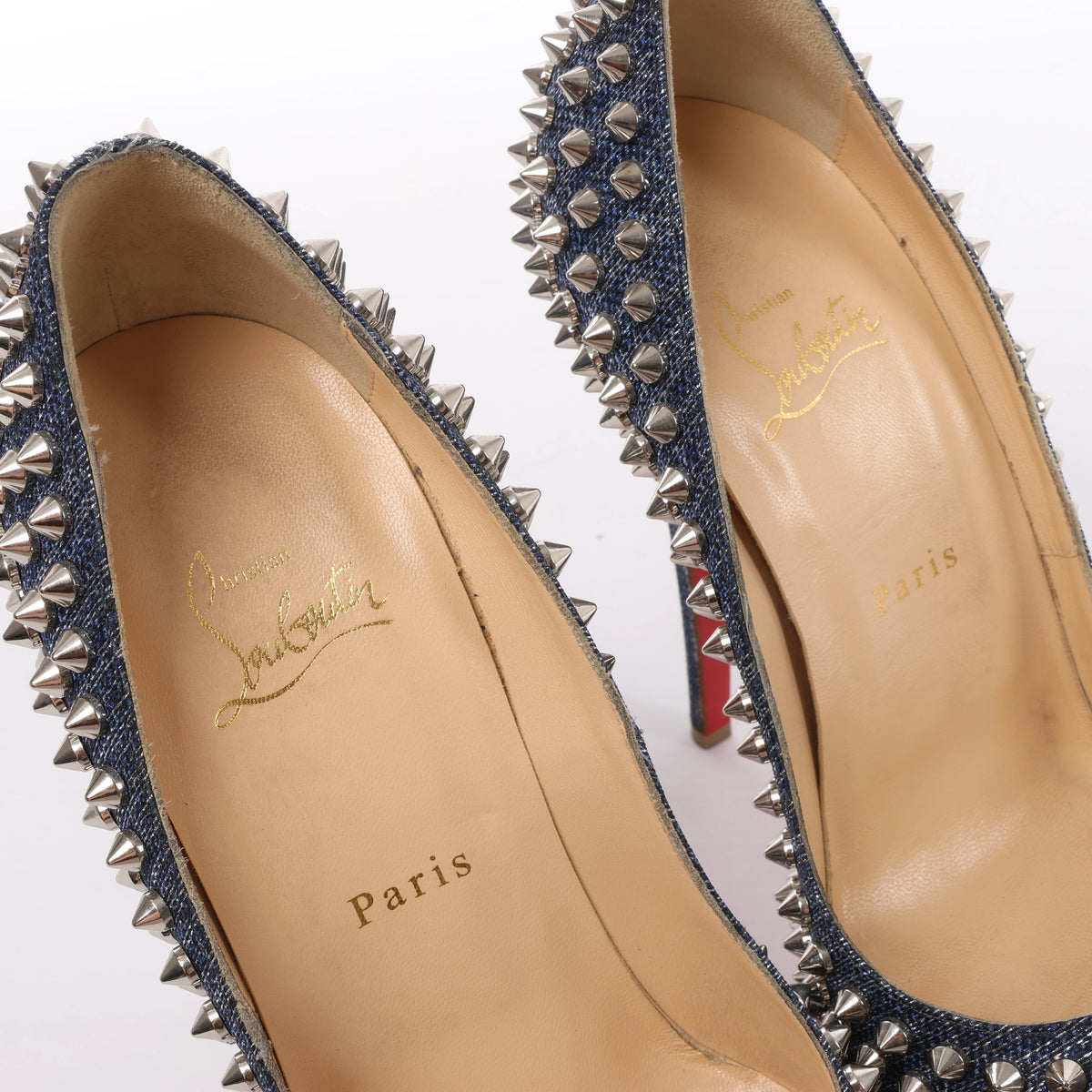 Christian Louboutin Spike Studs Denim Open-Toe Pumps in Navy x Silver, Size EU 40