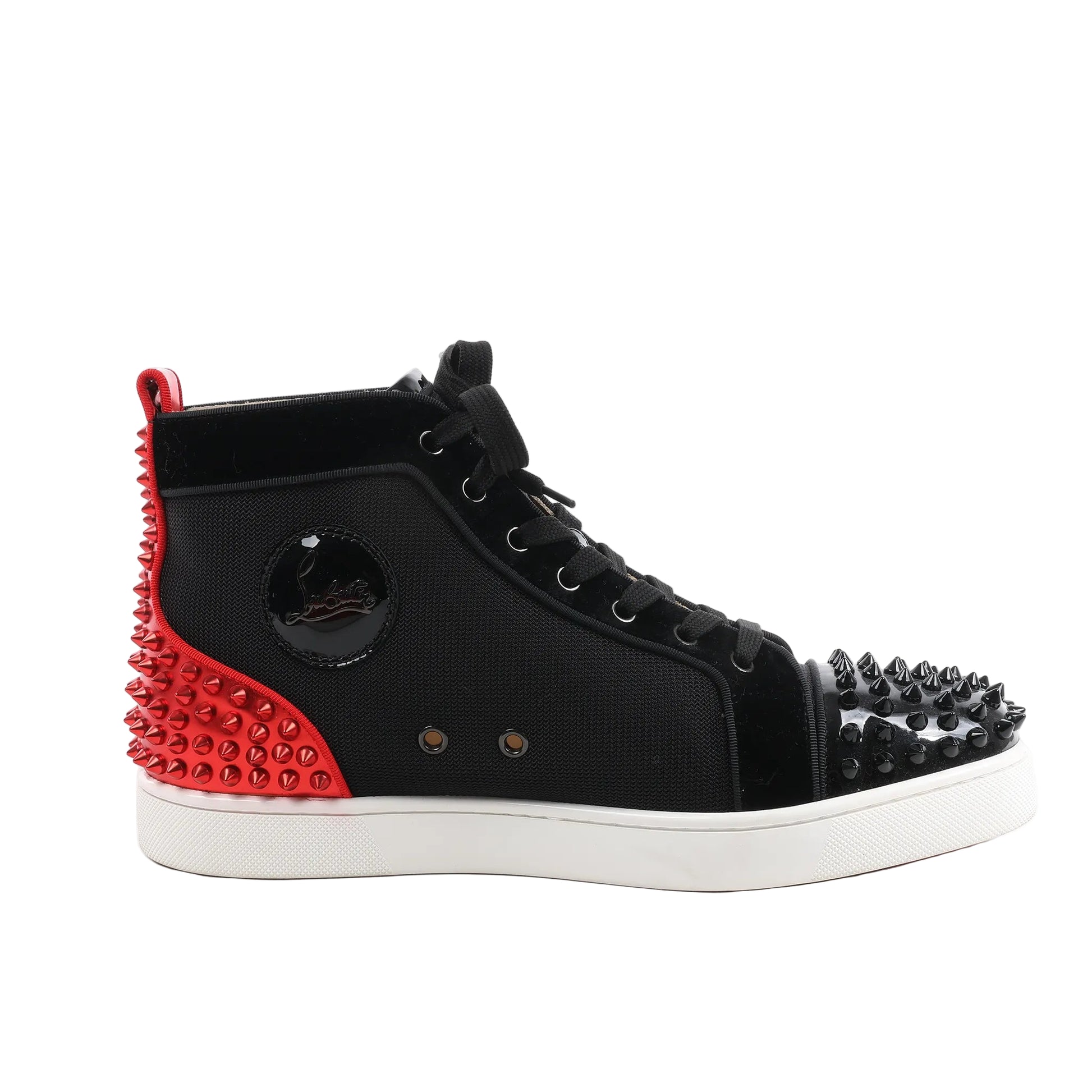 Christian Louboutin black leather and fabric high-top sneakers with black spike studs on the toe, red spiked heel panel, black laces, and white rubber sole, displayed in side profile on a white background.
