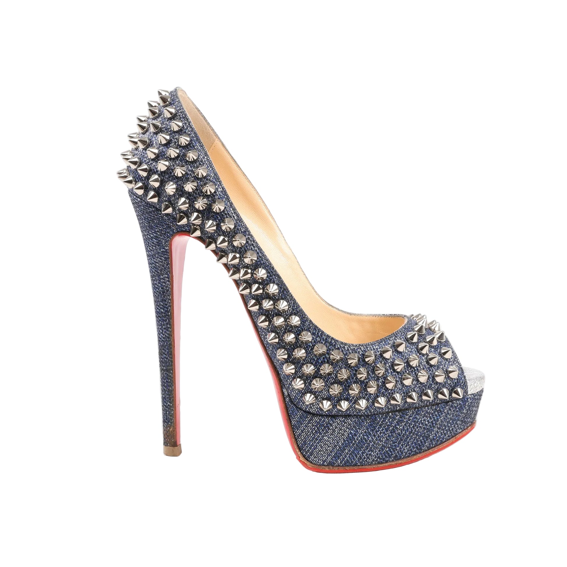 Christian Louboutin Lady Peep 150 heels in blue denim with silver spikes, open toe, platform sole, and high stiletto heel.