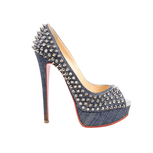 Christian Louboutin Lady Peep 150 heels in blue denim with silver spikes, open toe, platform sole, and high stiletto heel.