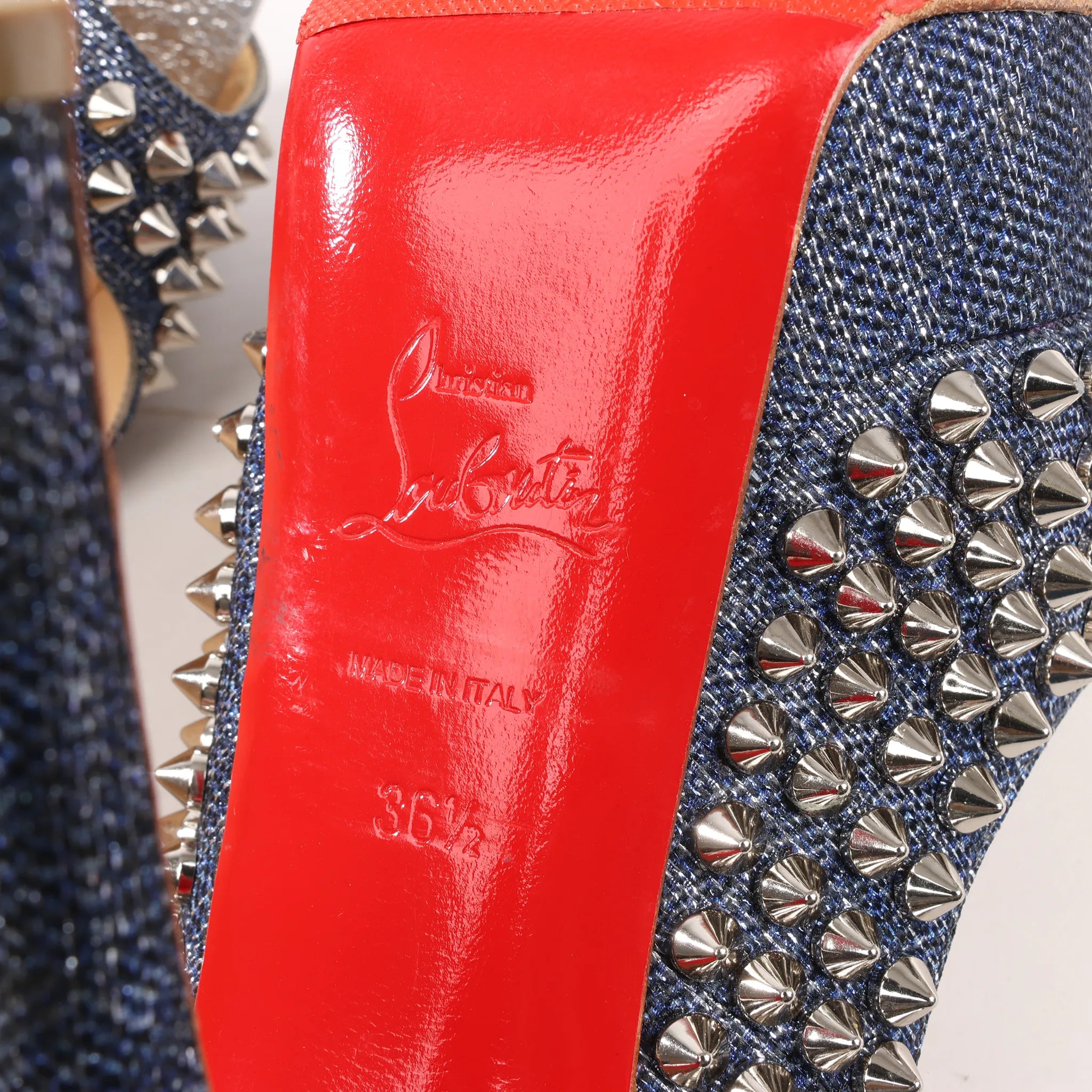 Christian Louboutin Lady Peep 150 Denim Spike Studs Open-toe Heels in Blue, Size 36.5 EU