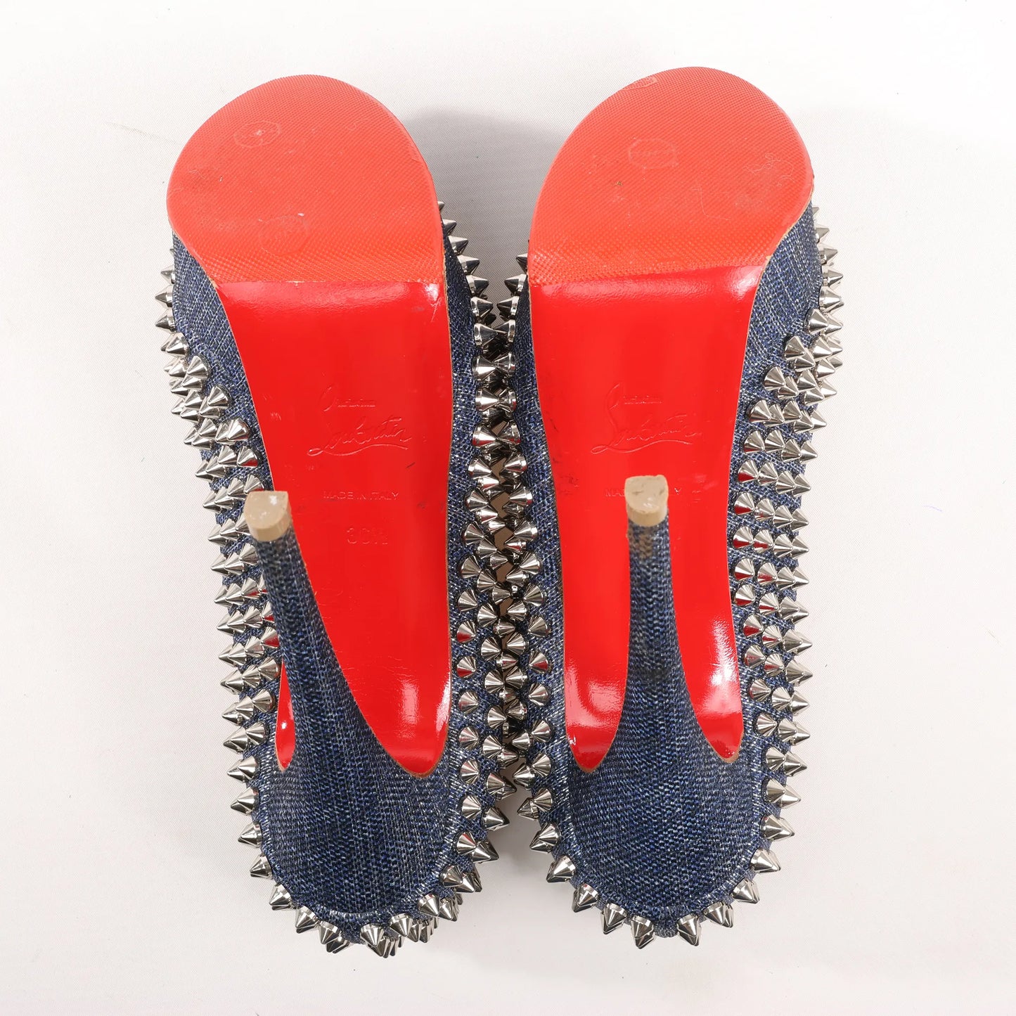 Christian Louboutin Lady Peep 150 Denim Spike Studs Open-toe Heels in Blue, Size 36.5 EU