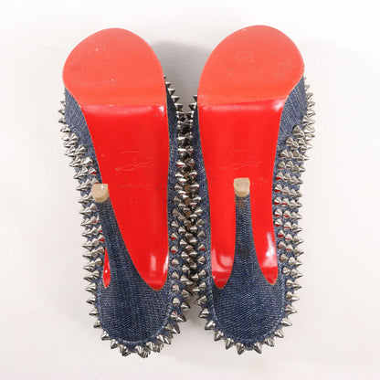 Christian Louboutin Lady Peep 150 Denim Spike Studs Open-toe Heels in Blue, Size 36.5 EU