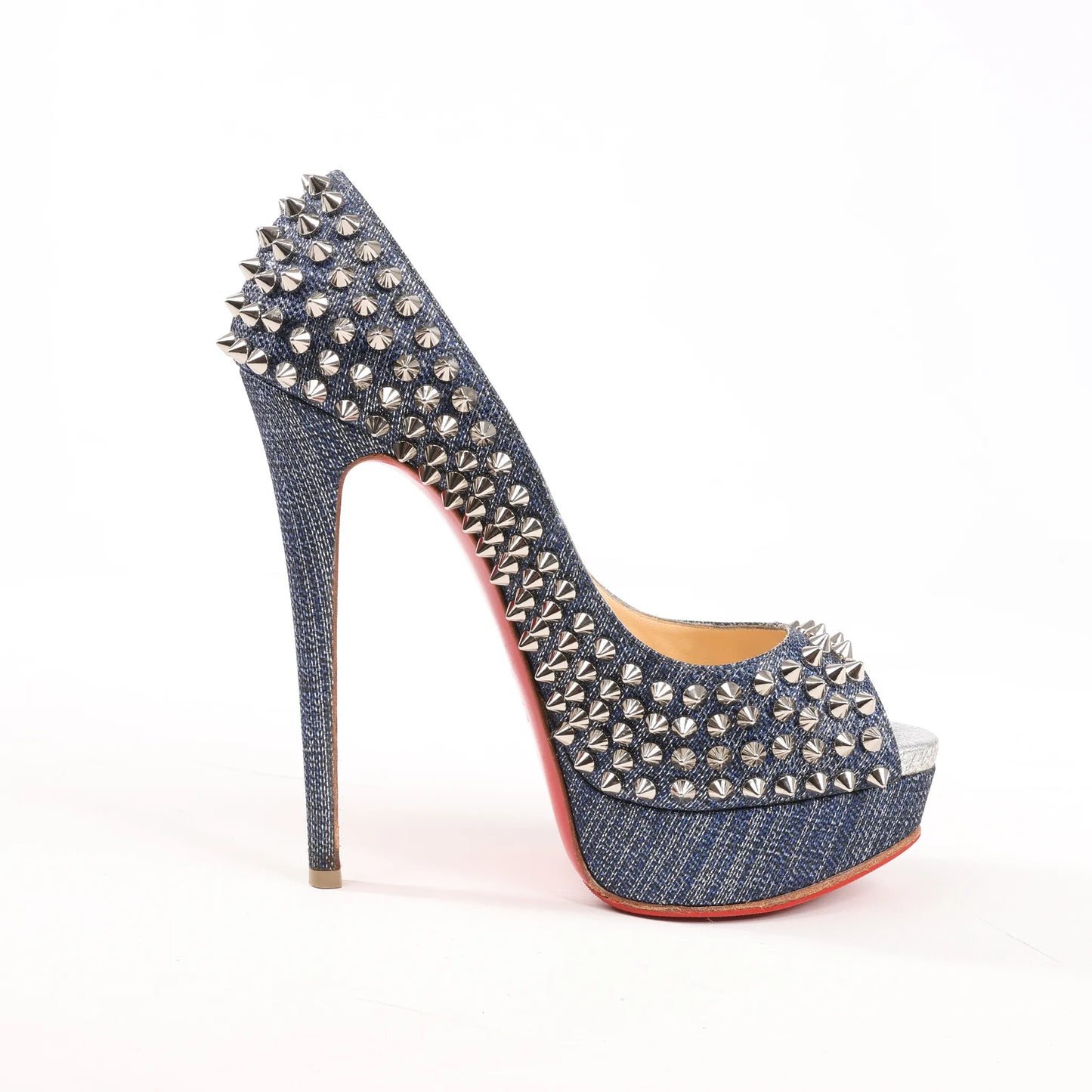 Christian Louboutin Lady Peep 150 Denim Spike Studs Open-toe Heels in Blue, Size 36.5 EU
