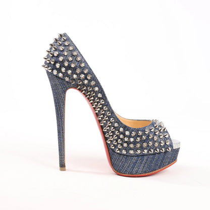Christian Louboutin Lady Peep 150 Denim Spike Studs Open-toe Heels in Blue, Size 36.5 EU
